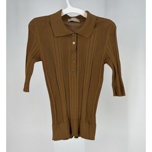 Drumohr Brown Ribbed Knit Polo Top Women's Medium Italian Cotton Stretch